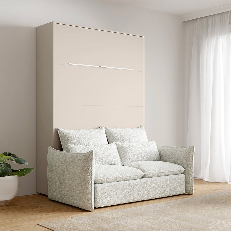 Łóżko chowane w szafie 140 x 200 cm - Otwieranie pionowe ręczne - Z oświetleniem LED - Beżowe + Kanapa - RAPILI