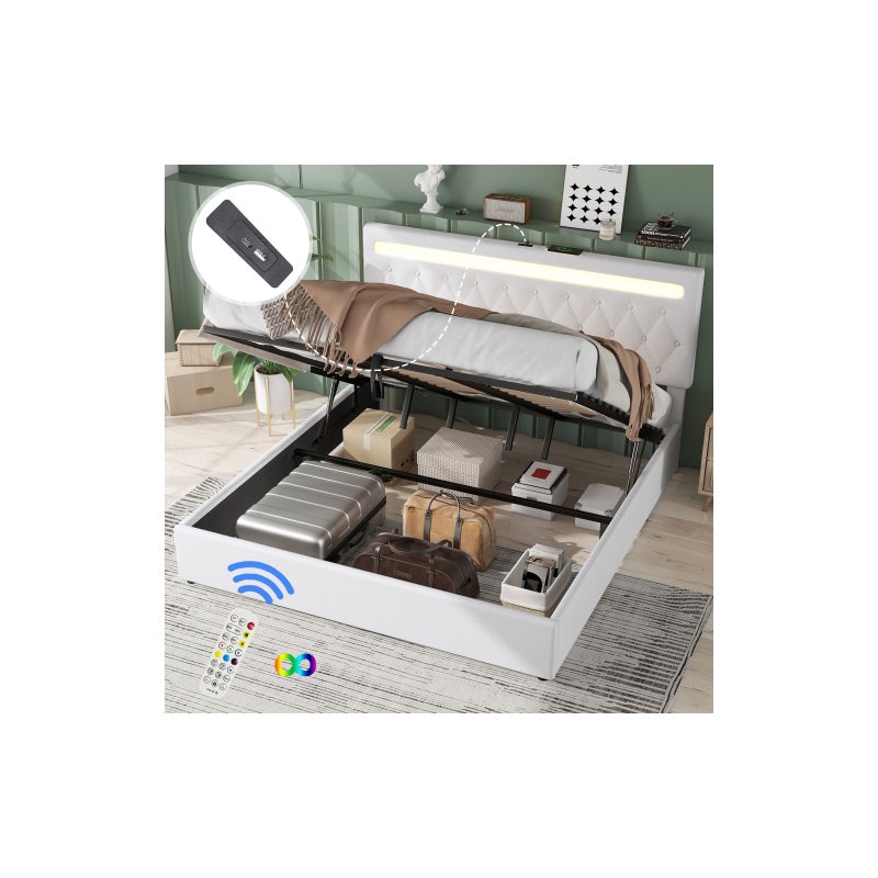 Łóżko tapicerowane 180 x 200 cm, łóżko dwuosobowe z miejscem do przechowywania i portami USB i Type-C, białe