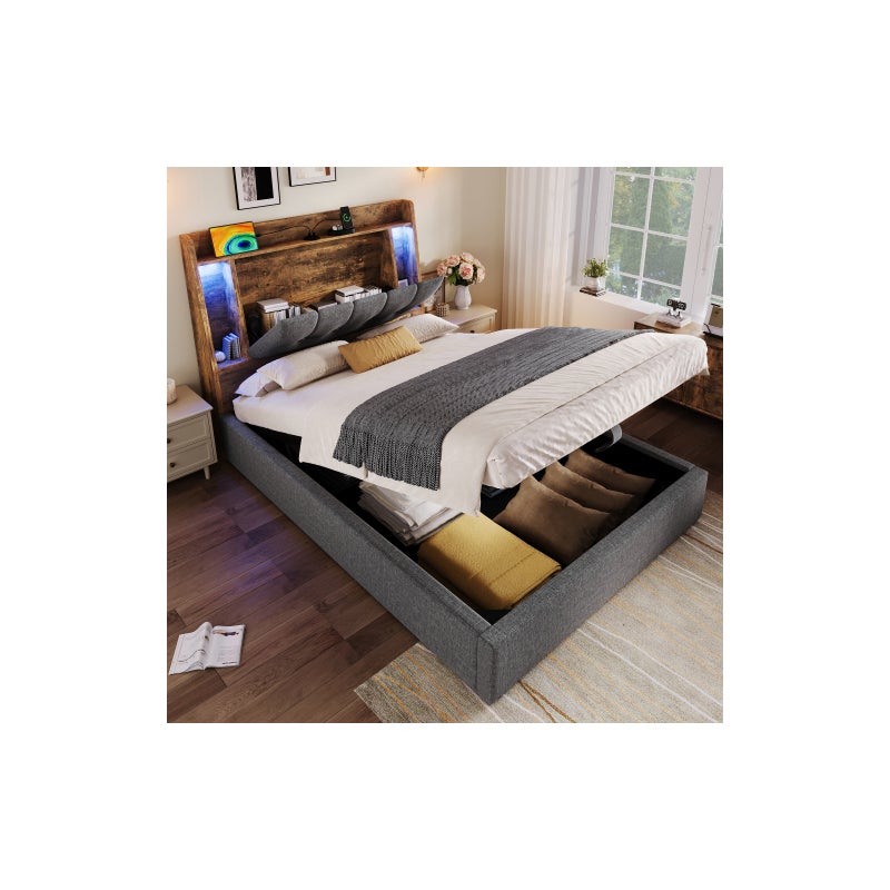 Łóżko tapicerowane 90x200 cm, łóżko pojedyncze z oświetleniem LED i portem USB typu C, len, kolor szary