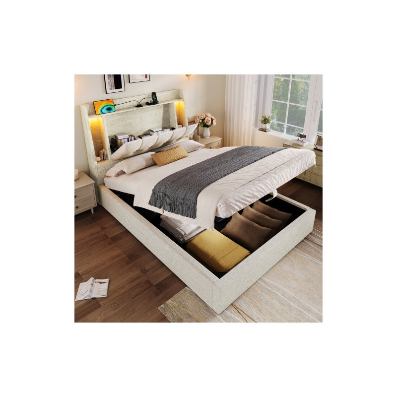 Łóżko tapicerowane 90x200 cm, łóżko pojedyncze z oświetleniem LED i portem USB typu C, len, beż