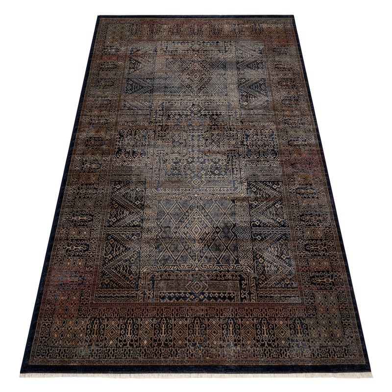 Dywan wełniany KESHAN Frędzle, Ramka orientalny 1251/53511 złoty / granat 80x145 cm