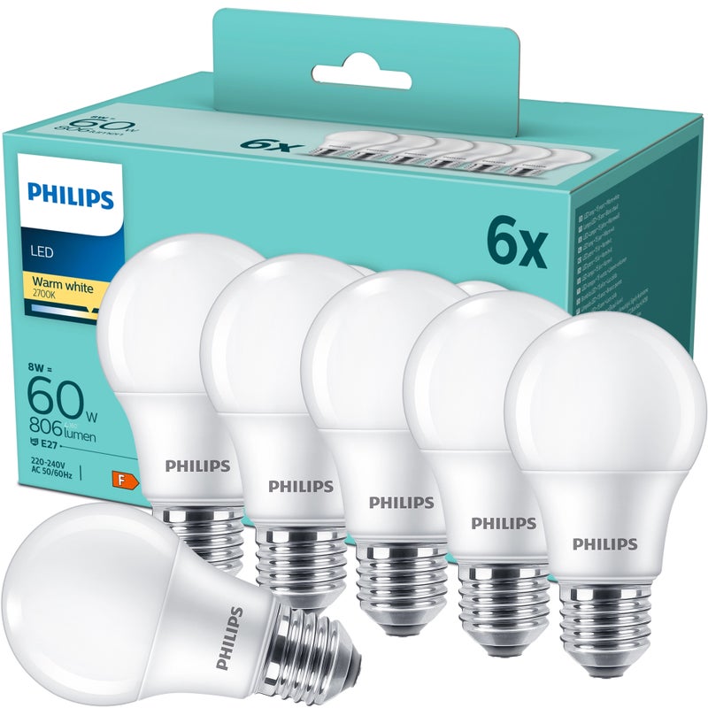 Żarówka LED Philips E27 A60 8W 806lm 2700K 180st 6 szt.