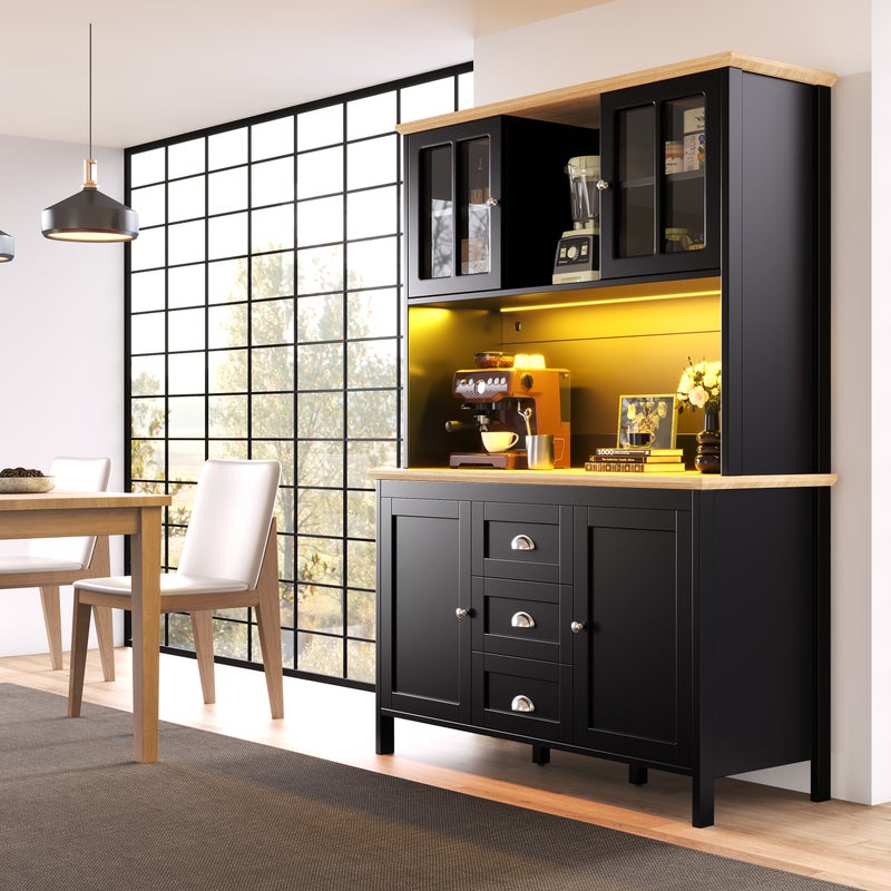Wysoka komoda kuchenna z 4 drzwiami i 3 szufladami - 120 x 40 x 179 cm - Płyta MDF i metalowe uchwyty - Diody LED - Czarna