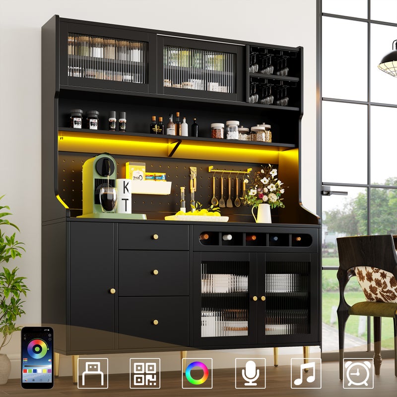 Wysoka komoda kuchenna z 5 drzwiami, 4 szufladami i regałem na wino - 145 x 39 x 171 cm - MDF i szkło - diody LED - czarna