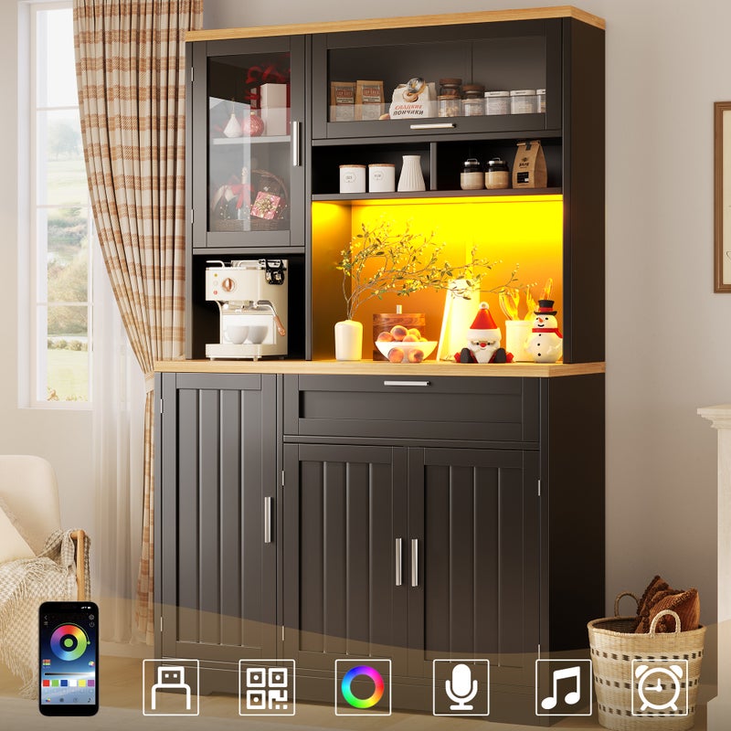 Wysoka komoda kuchenna z 5 drzwiami, 1 szufladą i przegródkami - 104 x 40 x 180 cm - MDF i szkło - diody LED - czarna