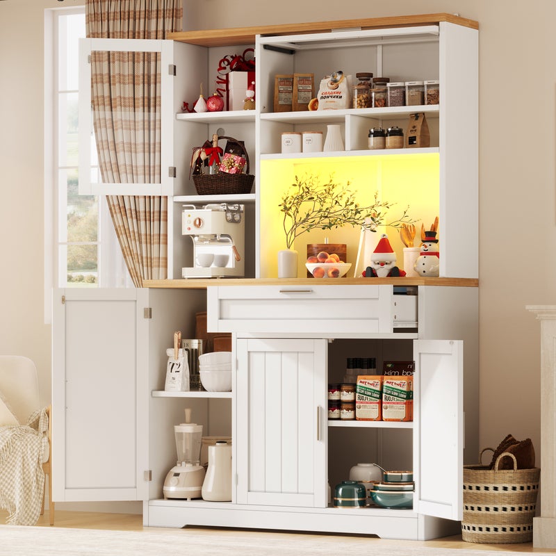 Wysoka komoda kuchenna z 5 drzwiami, 1 szufladą i przegródkami - 104 x 40 x 180 cm - MDF i szkło - diody LED - biała