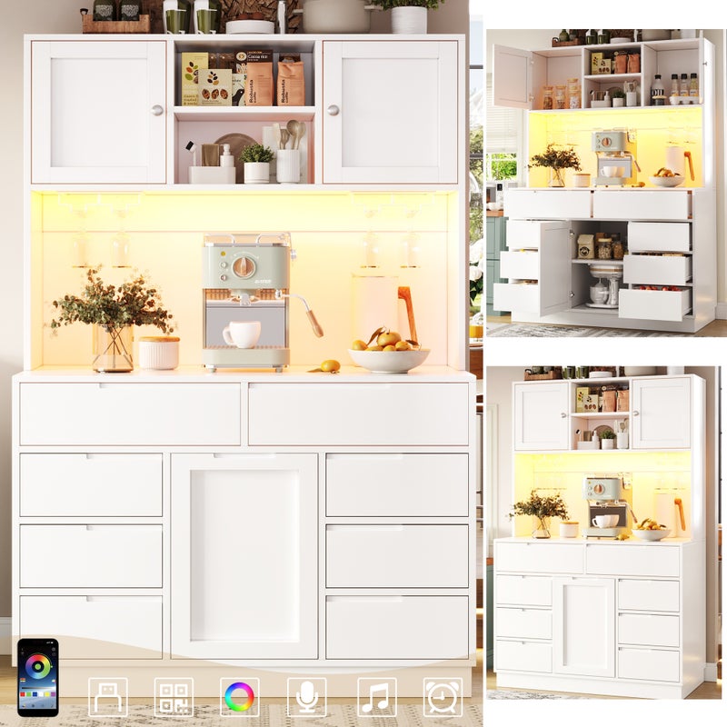 Wysoka komoda kuchenna z 3 drzwiami, 8 szufladami i 2 półkami - 120 x 40 x 183,5 cm - MDF - diody LED i porty USB - biała