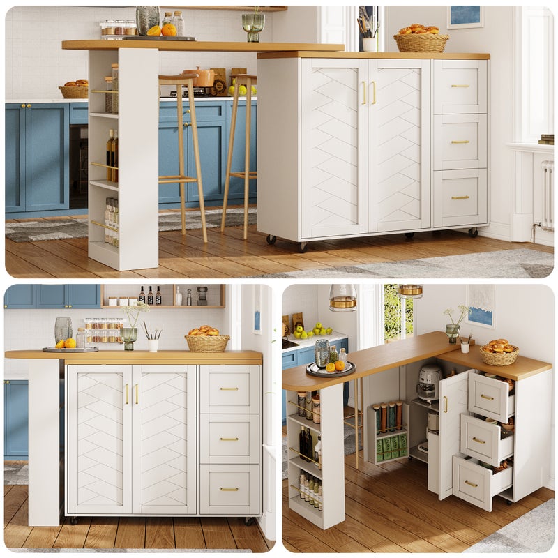 Mobilna wyspa kuchenna z rozkładanym stołem - 2 drzwi, 3 szuflady i pó��ki - 135/228 x 39 x 104 cm - MDF - Biała