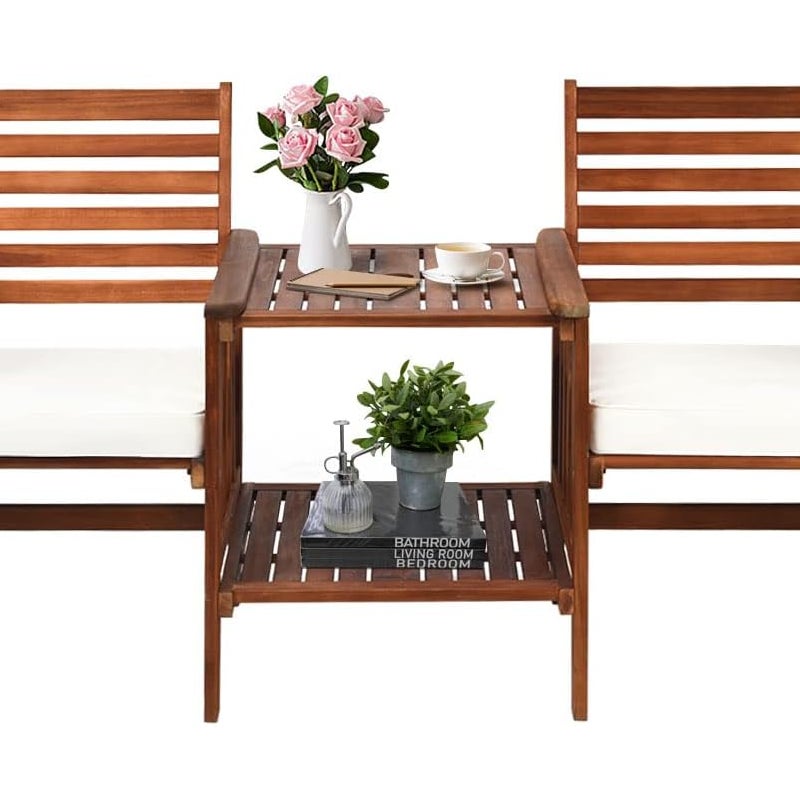 3-częściowy Zestaw Ogrodowy z Drewna Akacjowego z 2 Fotelami i 1 Stołem, Krzesła, 2-osobowa Ławka Ogrodowa z Otworem na Parasol