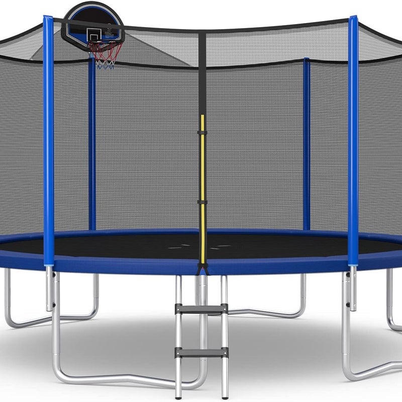 Trampolina Ogrodowa o Średnicy 377 cm z Koszem do Koszykówki, Trampolina z Matą do Skakania o Wysokiej Elastyczności, Siatka Zabezpieczająca