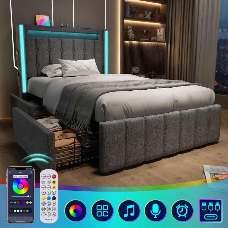 Łóżko dla dorosłych, funkcja ładowania USB typu C + oświetlenie LED i 2 szuflady, pojedyncze łóżko do przechowywania 90x200 cm, szare (bez materaca)