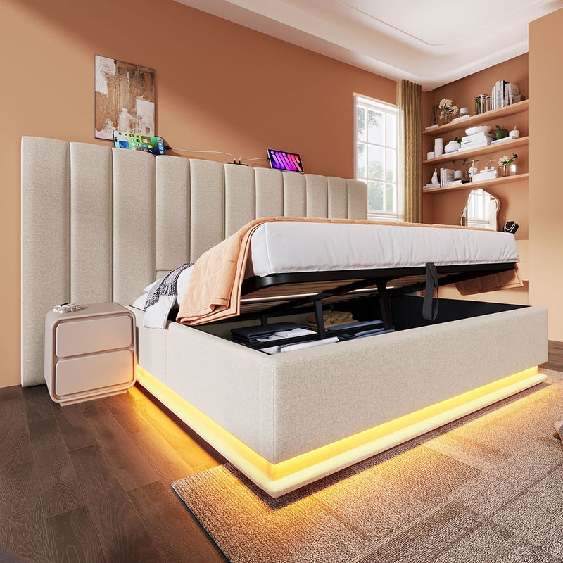 Tapicerowane łóżko podwójne 180 x 200 z LED i ładowaniem USB-C, rama łóżka z listwami, len, beżowy, bez zagłówka.