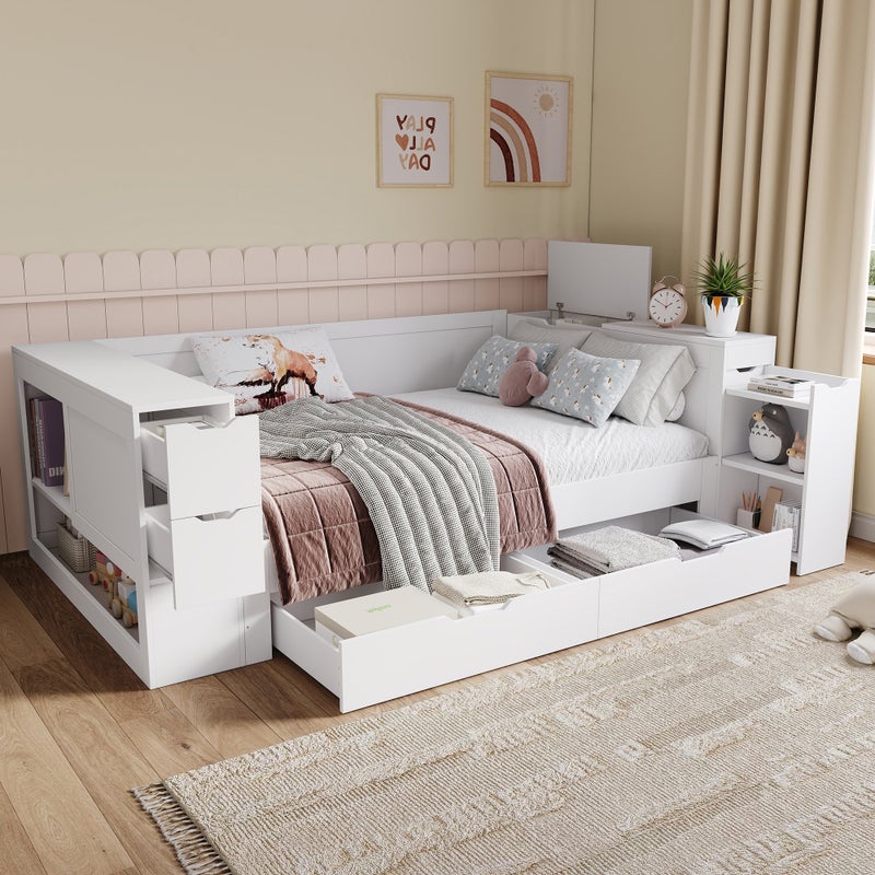 Łóżko 90 x 200 cm z 4 szufladami, schowkami i 1 szafką nocną, sofa rozkładana - drewno MDF - białe (bez materaca)