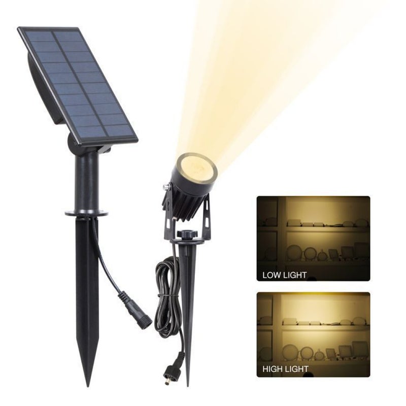 Zewnętrzny reflektor solarny (3000 K), IP65, 2 poziomy jasności, idealny do oświetlenia drzew, tarasów i ścieżek ogrodowych.
