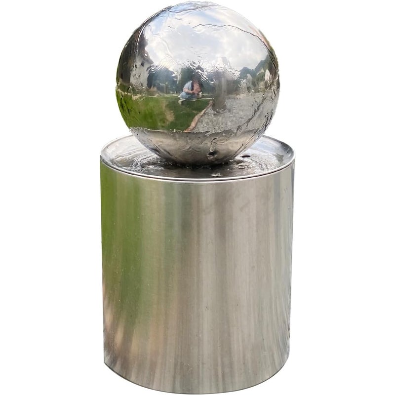 Fontanna kulista Köhko® Ø25 cm ze LED na cylindrycznym wiadrze ze stali nierdzewnej H30 cm Fontanna ogrodowa z polerowanej stali nierdzewnej