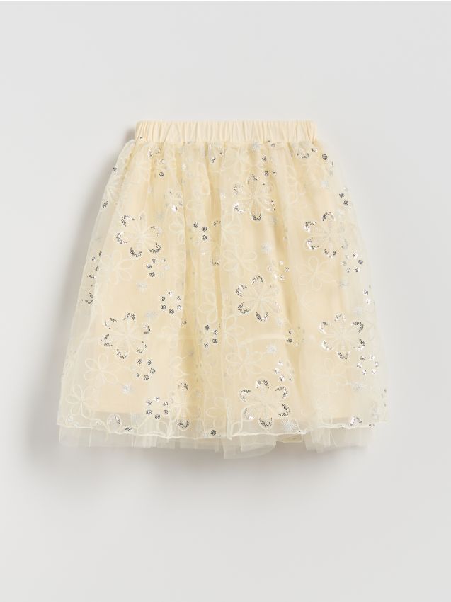 Reserved - Tiulowa spódnica z cekinami - kremowy