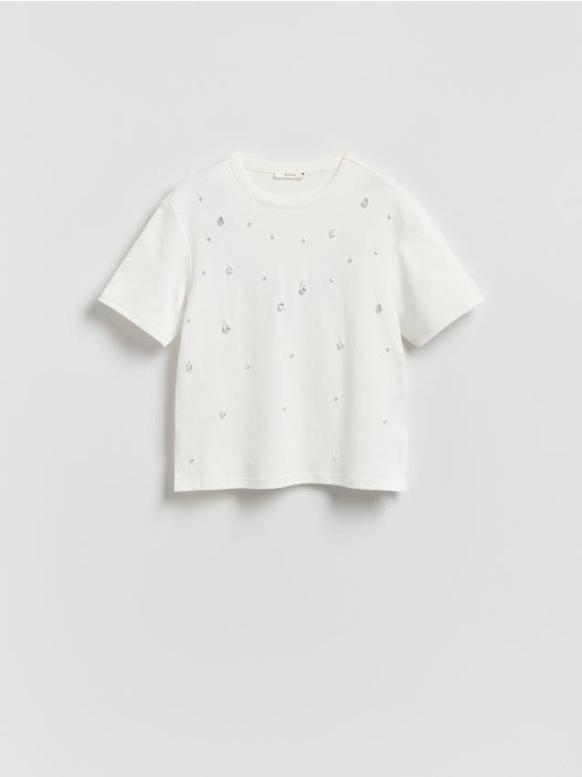 Reserved - T-shirt z imitacją pereł - biały