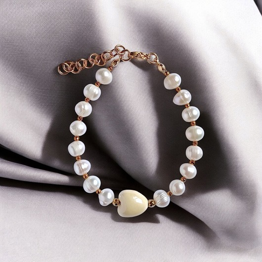 Bransoletka : PERŁY naturalne i ceramiczne serduszko : pastelowe żółte