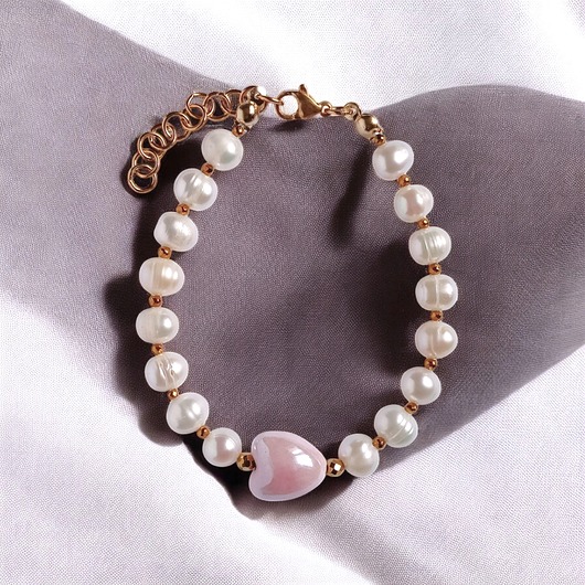 Bransoletka : PERŁY naturalne i ceramiczne serduszko : pastelowe różowe