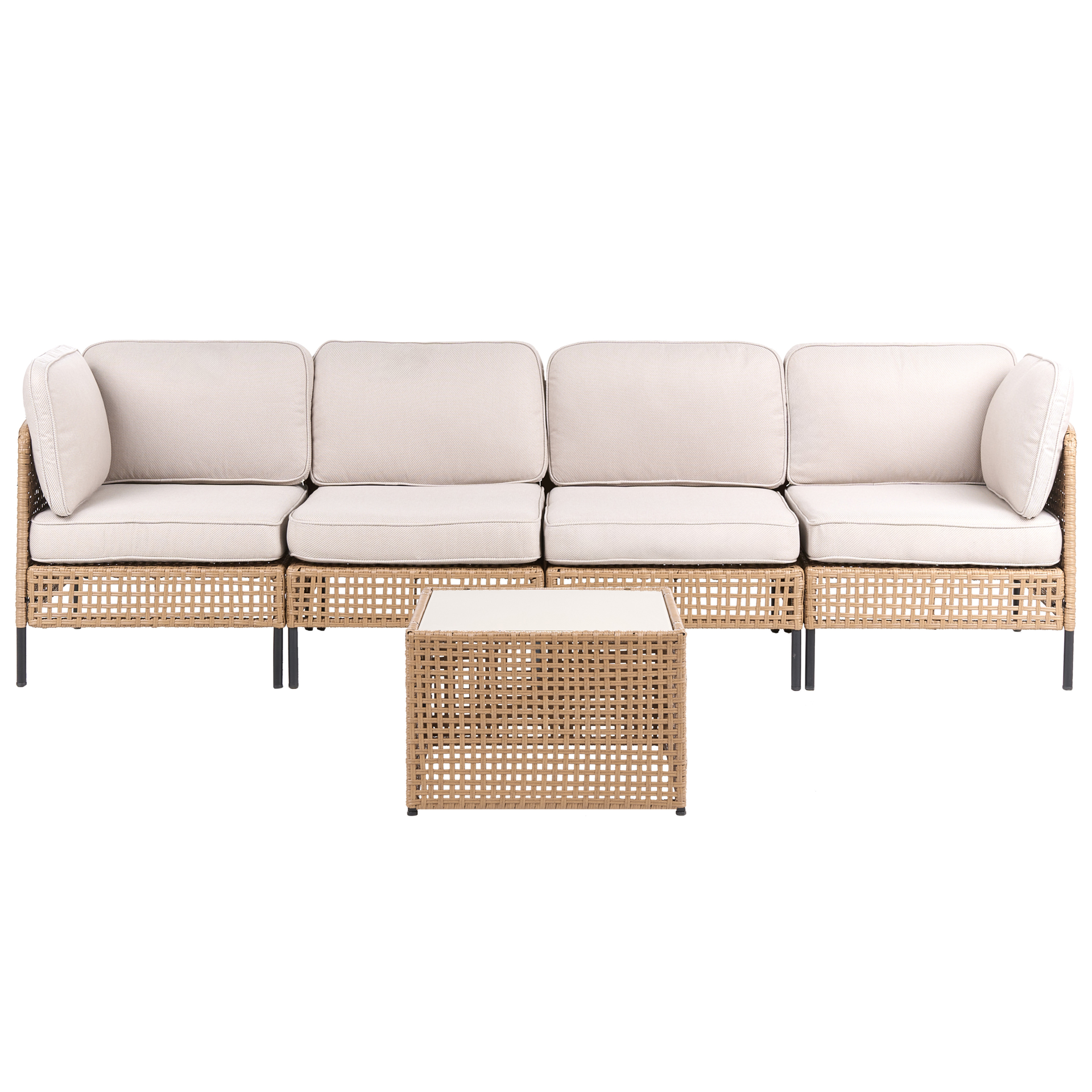 Beliani sofa ogrodowa ze stolikiem dla 4 osób OMEGANA Modułowy Technorattan Jasnobeżowy