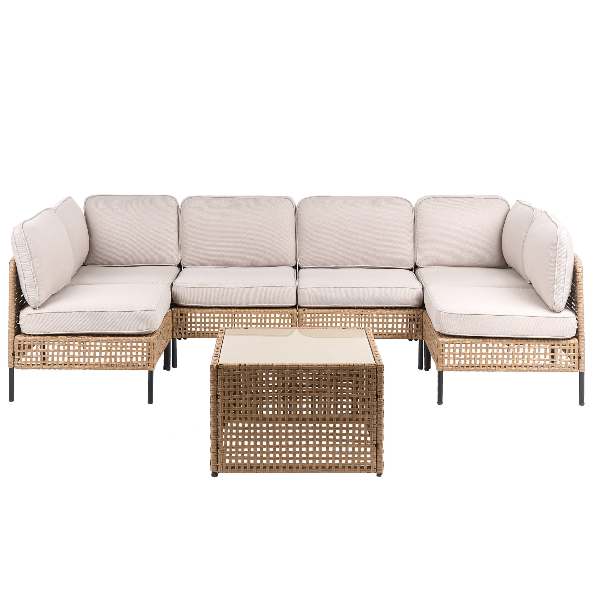 Beliani sofa ogrodowa w kształcie U dla 6 osób OMEGANA Modułowy Technorattan Jasnobeżowy