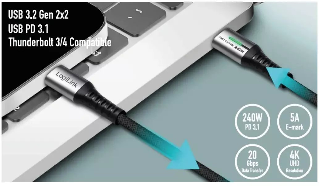 LogiLink USB-C 20 Gb/s, 240W 1.0m w oplocie czarny