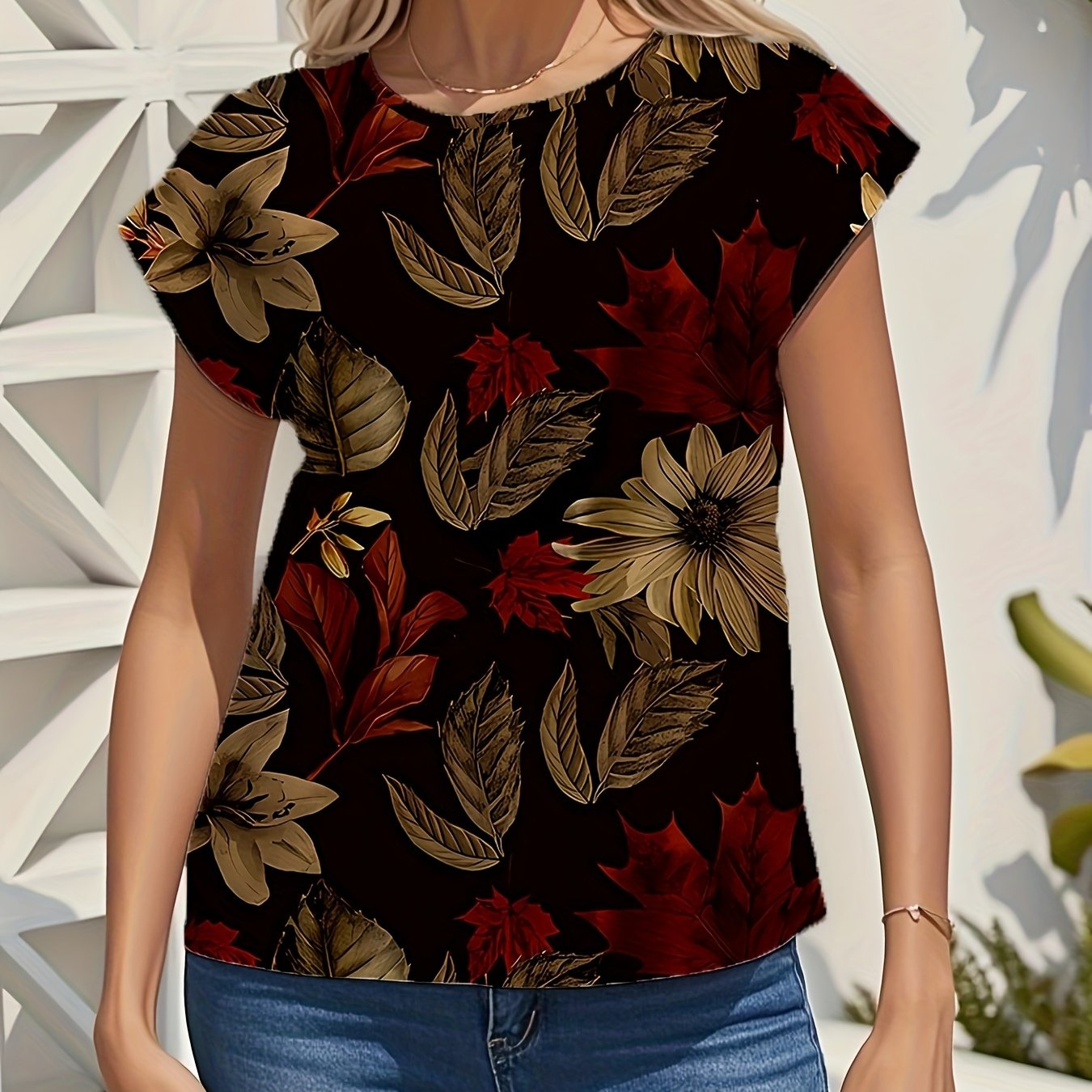 TEMU Bluzka Damska z Kwiatowym Nadrukiem - Krótki Rękaw, Okrągły Dekolt, Lekki Poliester, Czarno-Czerwono-Brązowy Wzór Liści, Idealna na Wiosnę i ,
