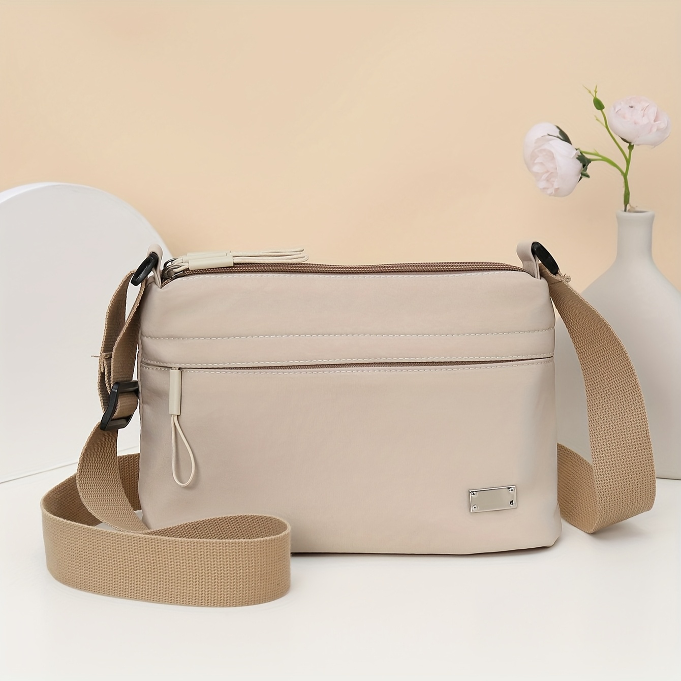 TEMU Damska Torba na Ramię z Nylonu 2025 - Regulowany Pasek, Zamek Błyskawiczny, Minimalistyczna Jednolita Kolorystyka z Cekinami, Wytrzymała