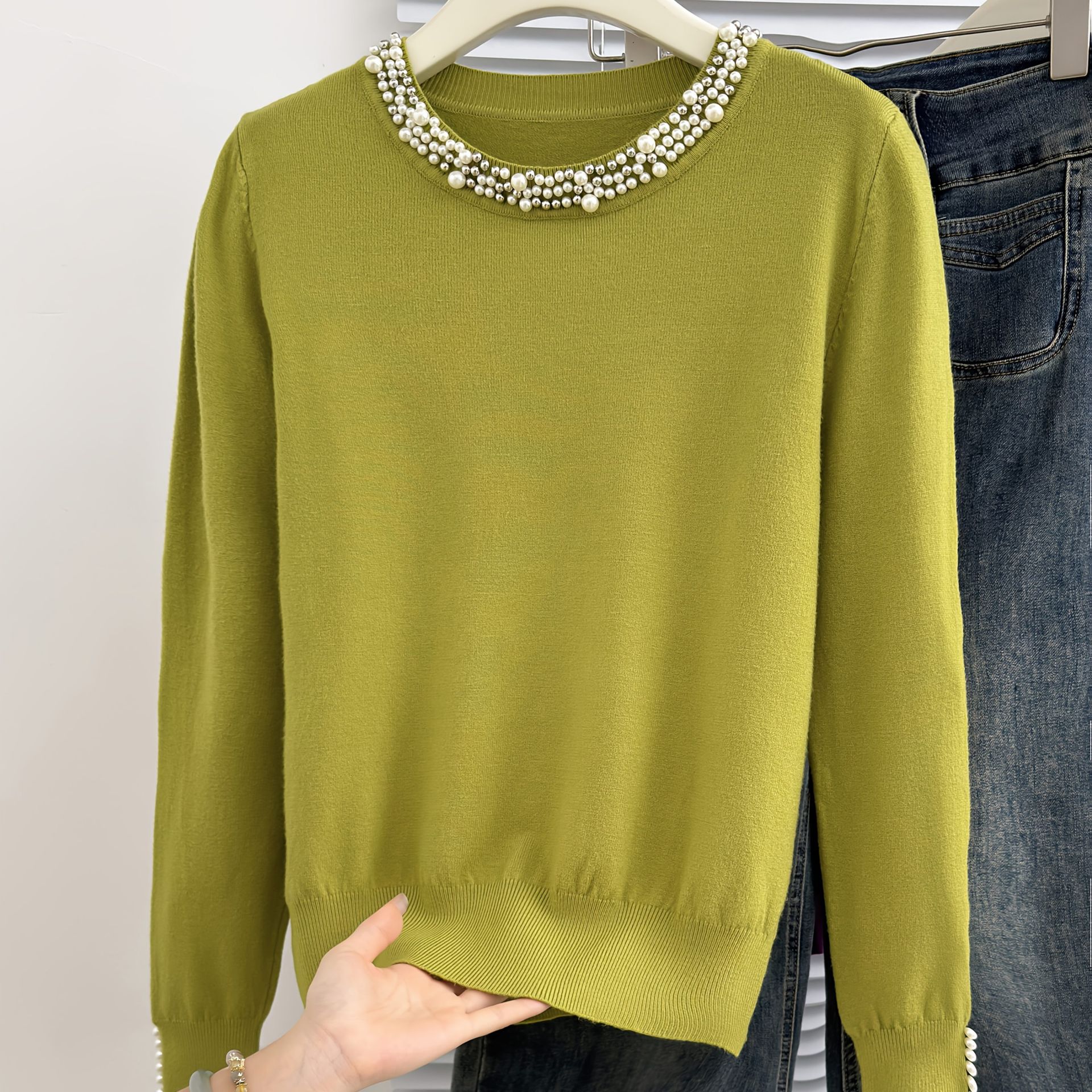 TEMU Kobiecy Elegancki Długi Rękaw z Koralikami - Oliwkowo-Zielony Sweter z Okrągłym Dekoltem i Perłowymi Ozdobami, Elastyczny Casualowy Sweter na