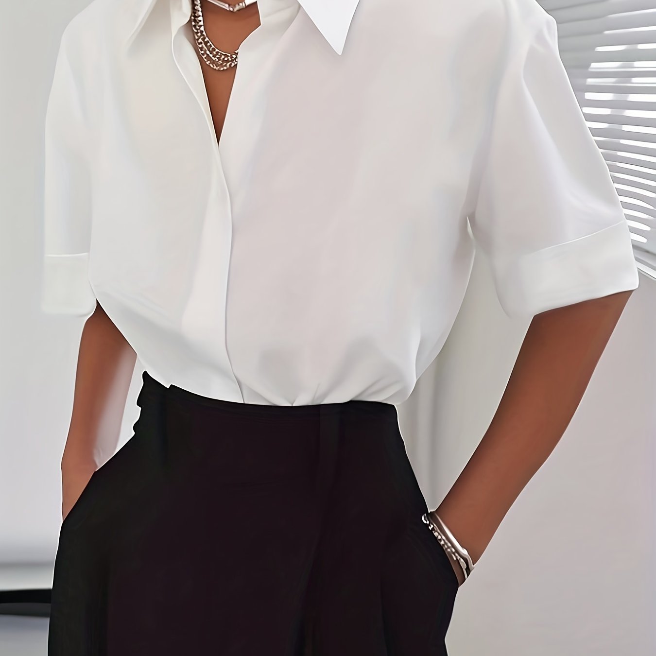 TEMU Damska Biała Elegancka Koszula z Krótkim Rękawem i Kołnierzykiem – Jednokolorowa Klasyczna Zapięcie na Guziki, Bluzka do Prania w Praniu