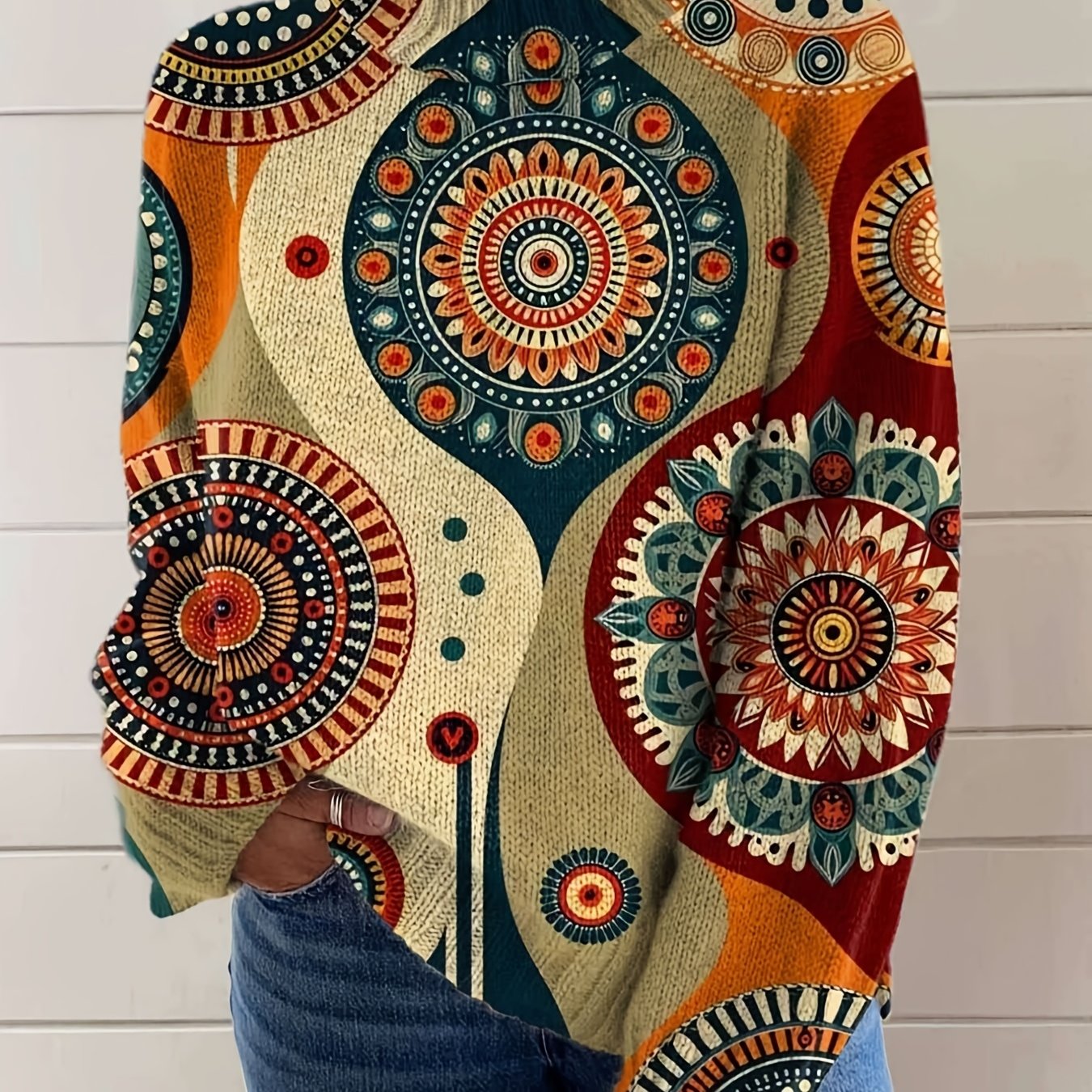 TEMU Drukowany Wzór – Bez Tekstury, Modny, Wszechstronny Sweter Damski z Wysokim Kołnierzem, Długi Rękaw, Płaski Nadruk Cyfrowy, Trendowy Pulower na