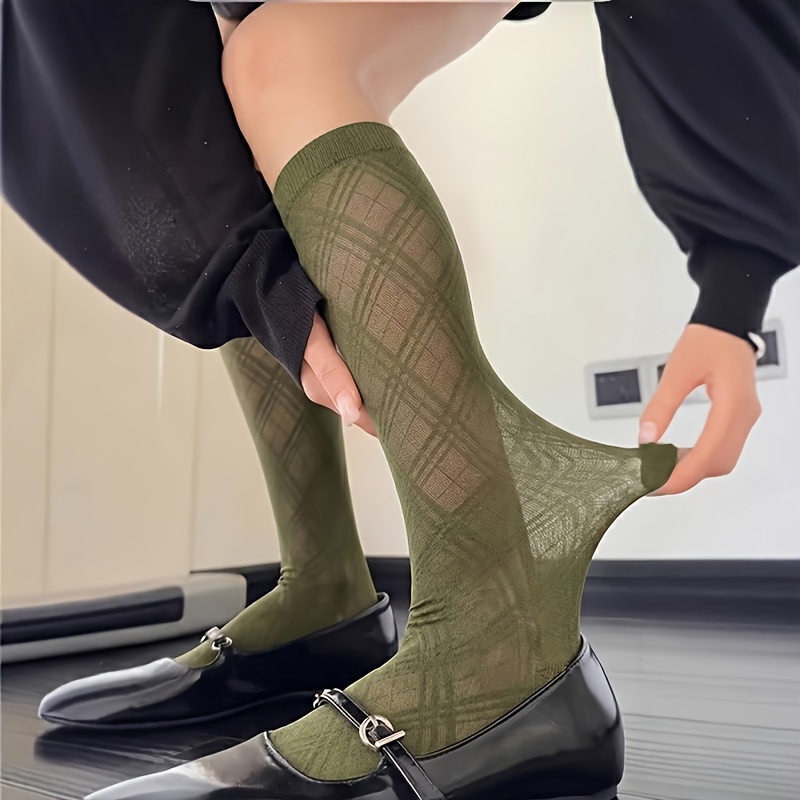 TEMU 1 Para – Wiosenno-Letnie Przezroczyste Skarpetki Kolanowe w Kratę Rombową, Japoński Styl, Połowiczne Bezszwowe Rajstopy dla Dziewczyn