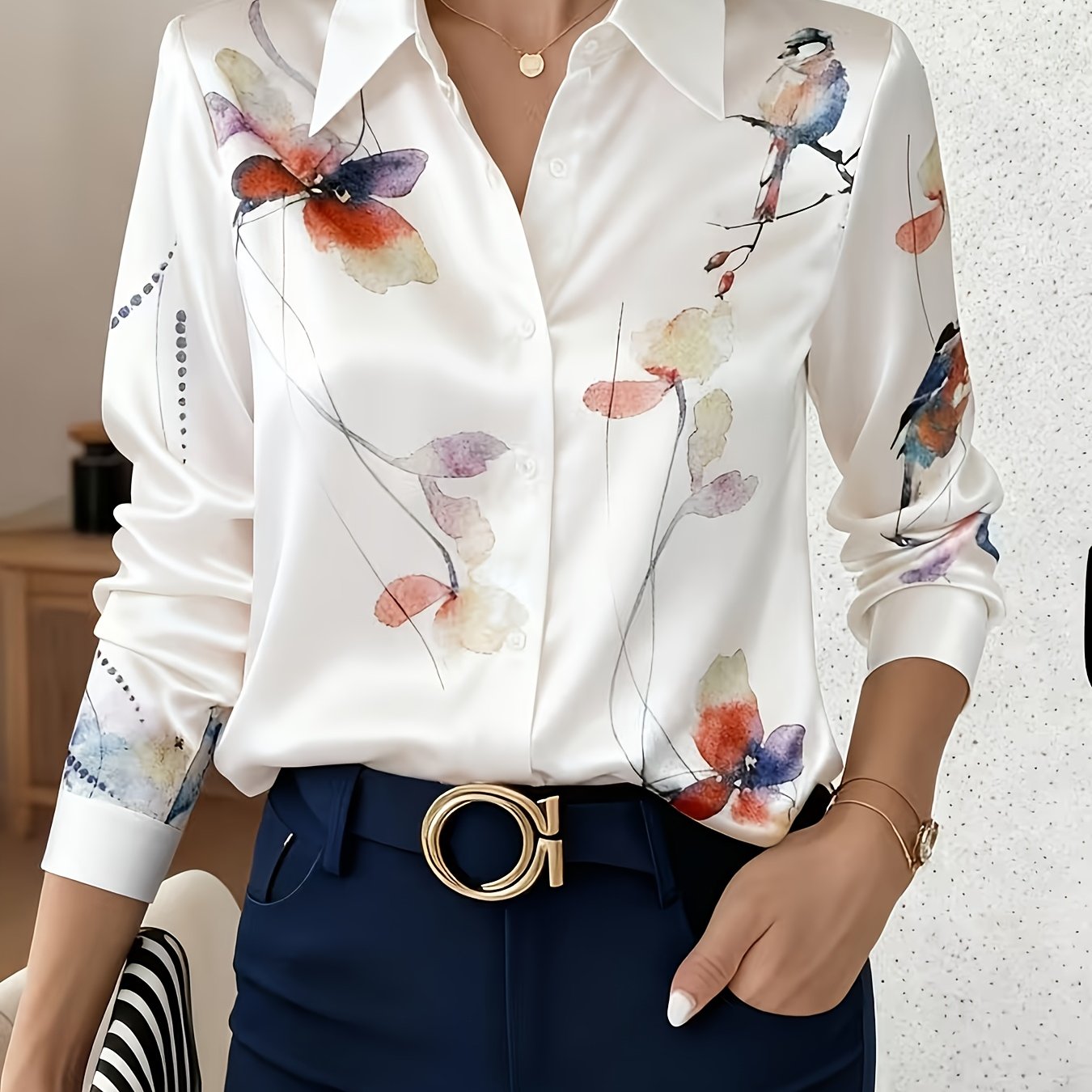 TEMU Elegancka Damska Satynowa Koszula z Długim Rękawem i Nadrukiem, Casualowa Bluzka, Jesienna Odzież