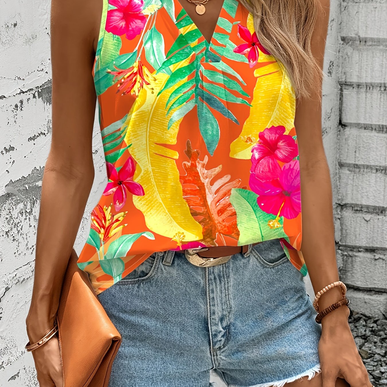 TEMU Damska koszulka bez rękawów z wierzchem w kształcie litery V, z nadrukiem w kształcie tropikalnej lasu deszczowego, 100% poliestru, regularna