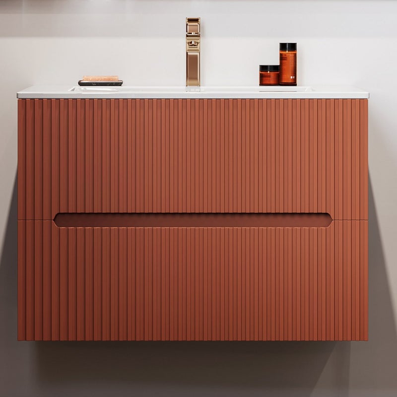 Szafka łazienkowa wisząca ryflowana z umywalką - Terakotowy - 80 cm - PAVANI
