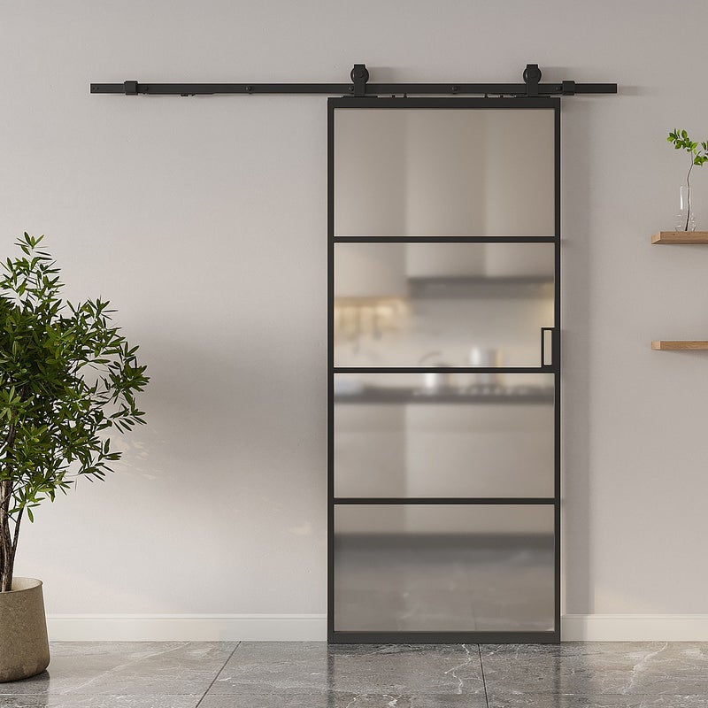 Drzwi przesuwne naścienne - aluminium i matowe szkło hartowane - wys. 205 x szer. 83 cm - SINCA II