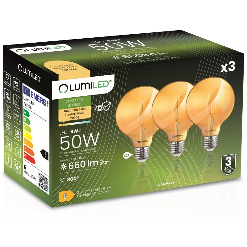 Żarówka LED Lumiled E27 Kula G95 6W 660lm 2000K Ciepła biel 360st Bursztynowa Filament 3 szt.