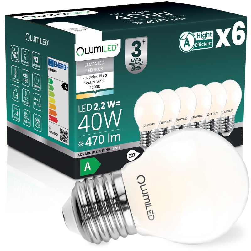 Żarówka LED Lumiled E27 Kulka P45 2.2W 470lm 4000K Neutrana biel 360st Filament KLASA A 6 szt.