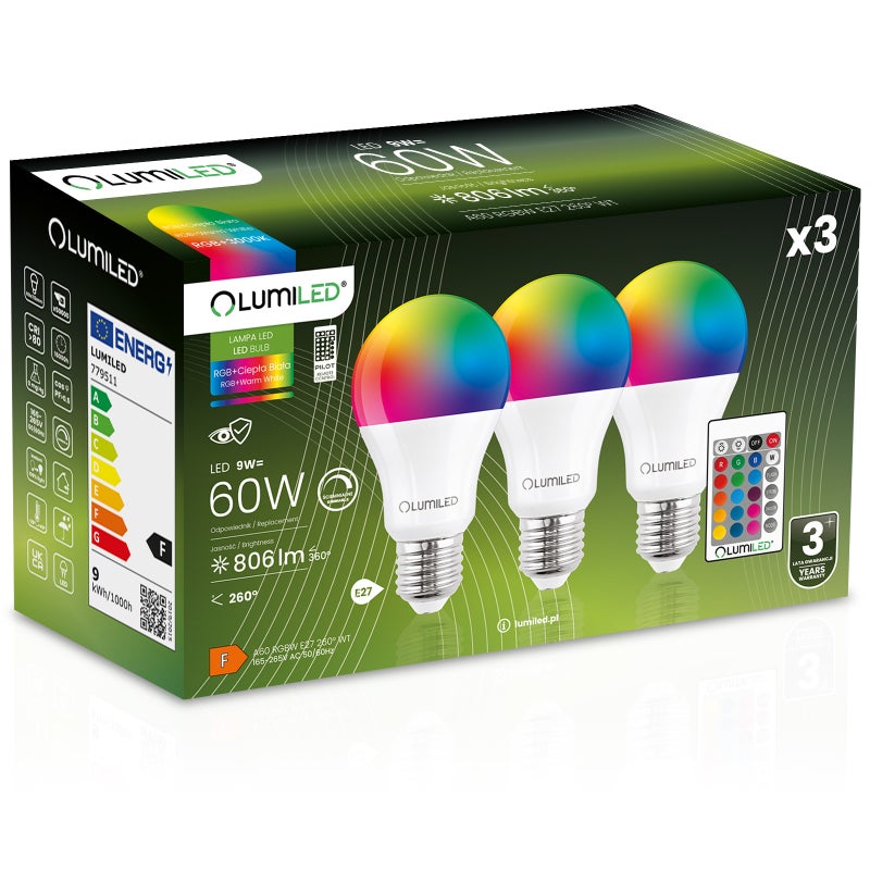 Żarówka LED Lumiled E27 A60 9W 806lm 3000K + RGB Wielokolorowa 260st Ściemnialna Pilot 3 szt.