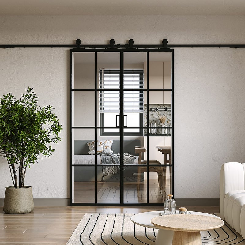 Drzwi przesuwne naścienne podwójne - aluminium i szkło hartowane - 2 x wys. 205 x szer. 73 cm - WILDEN II