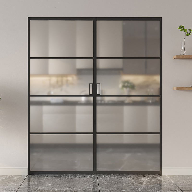 Drzwi przesuwne podwójne chowane w ścianie - aluminium i matowe szkło hartowane - 2 x wys. 205 x szer. 73 cm - SINCA II