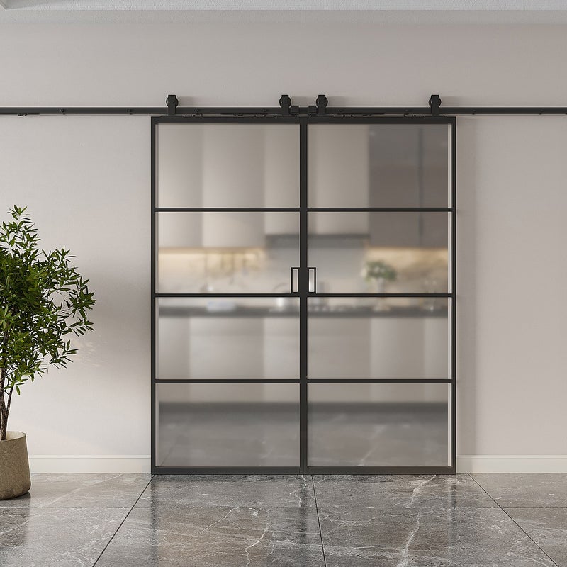 Drzwi przesuwne naścienne podwójne - aluminium i matowe szkło hartowane - 2 x wys. 205 x szer. 73 cm - SINCA II