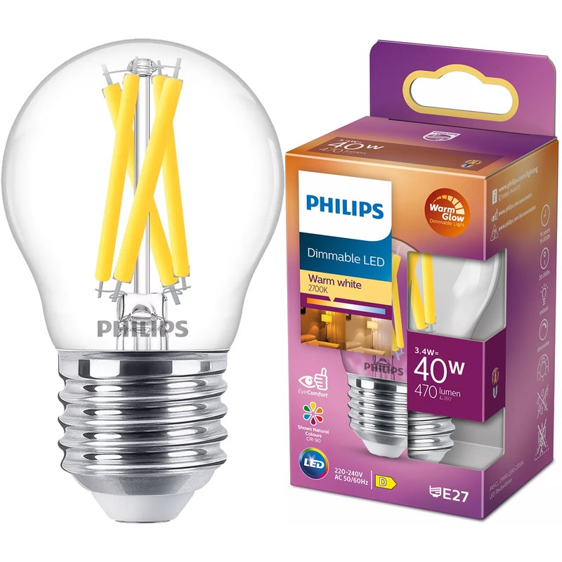 Żarówka LED Philips E27 P45 3.4W 470lm 2700K Filament Ściemnialna WarmGlow Dimmable