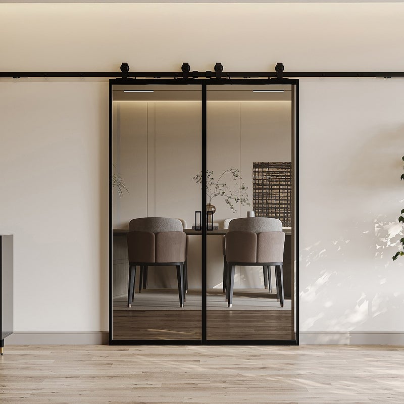 Drzwi przesuwne podwójne z ukrytym systemem przesuwnym – aluminium i szkło hartowane przydymione – 2 x wys. 205 x dł. 83 cm – LINCI II