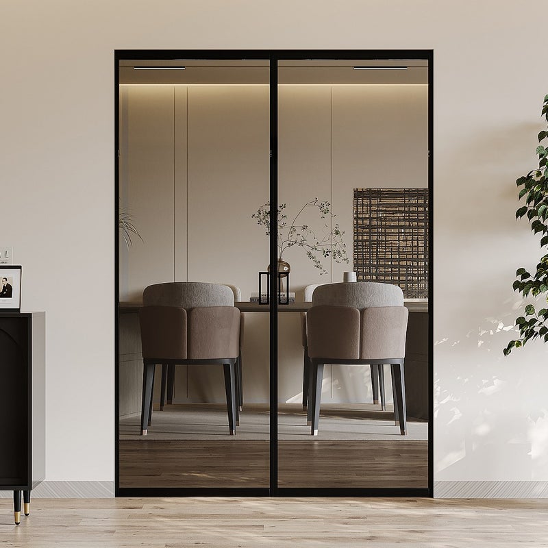 Drzwi przesuwne podwójne z ukrytym systemem przesuwnym – aluminium i szkło hartowane przydymione – 2 x wys. 205 x dł. 83 cm – LINCI II