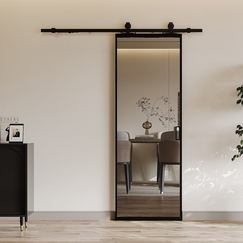 Drzwi przesuwne z naściennym systemem przesuwnym – aluminium i szkło hartowane przydymione – wys. 205 x dł. 93 cm– LINCI II