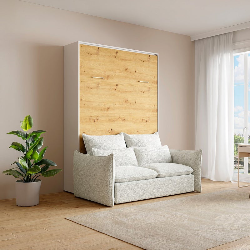 Łóżko chowane w szafie 140 x 200 cm - Otwierane ręcznie w pionie - Kolory: Naturalny i biały + Kanapa - BEGANIO