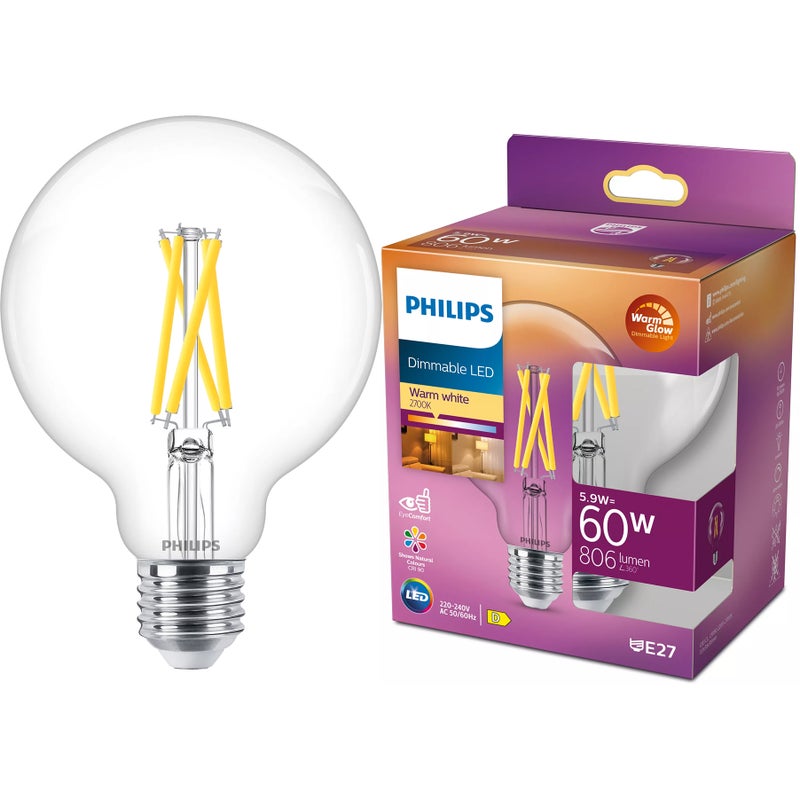 Żarówka LED Philips E27 G93 5.9W 806lm 2700K Filament Ściemnialna WarmGlow Dimmable