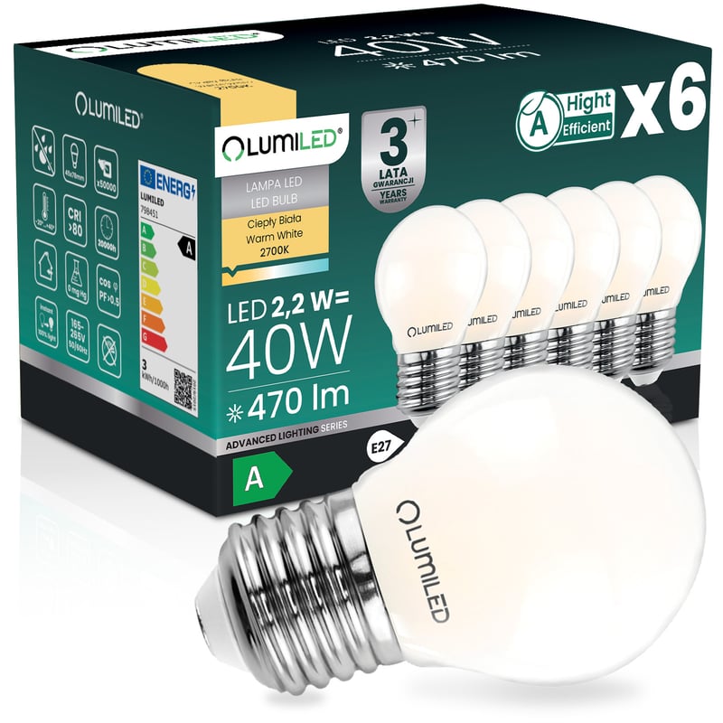 Żarówka LED Lumiled E27 Kulka P45 2.2W 470lm 2700K Ciepła biel 360st Filament KLASA A 6 szt.