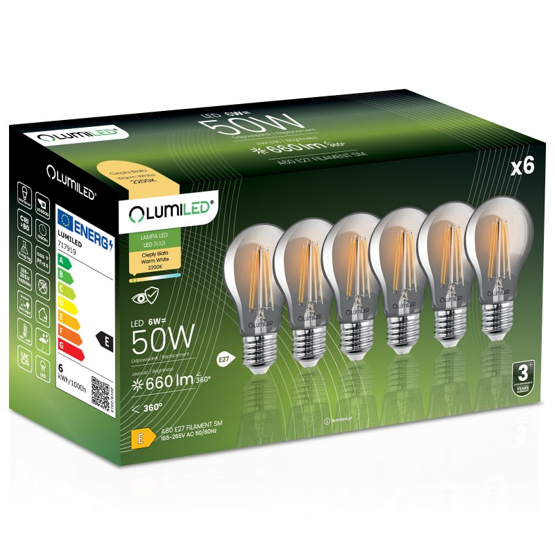 Żarówka LED Lumiled E27 A60 6W 660lm 2200K Ciepła biel 360st Dymiona Filament 6 szt.